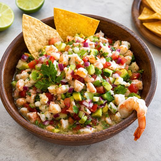 Cuenco de madera con camarón picado, pepino, aguacate, jitomate y cebolla morada, con totopos encajados